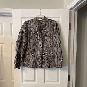 Chico’s size 3. Nice like new bomber jacket.pretty hues of purple and grey.